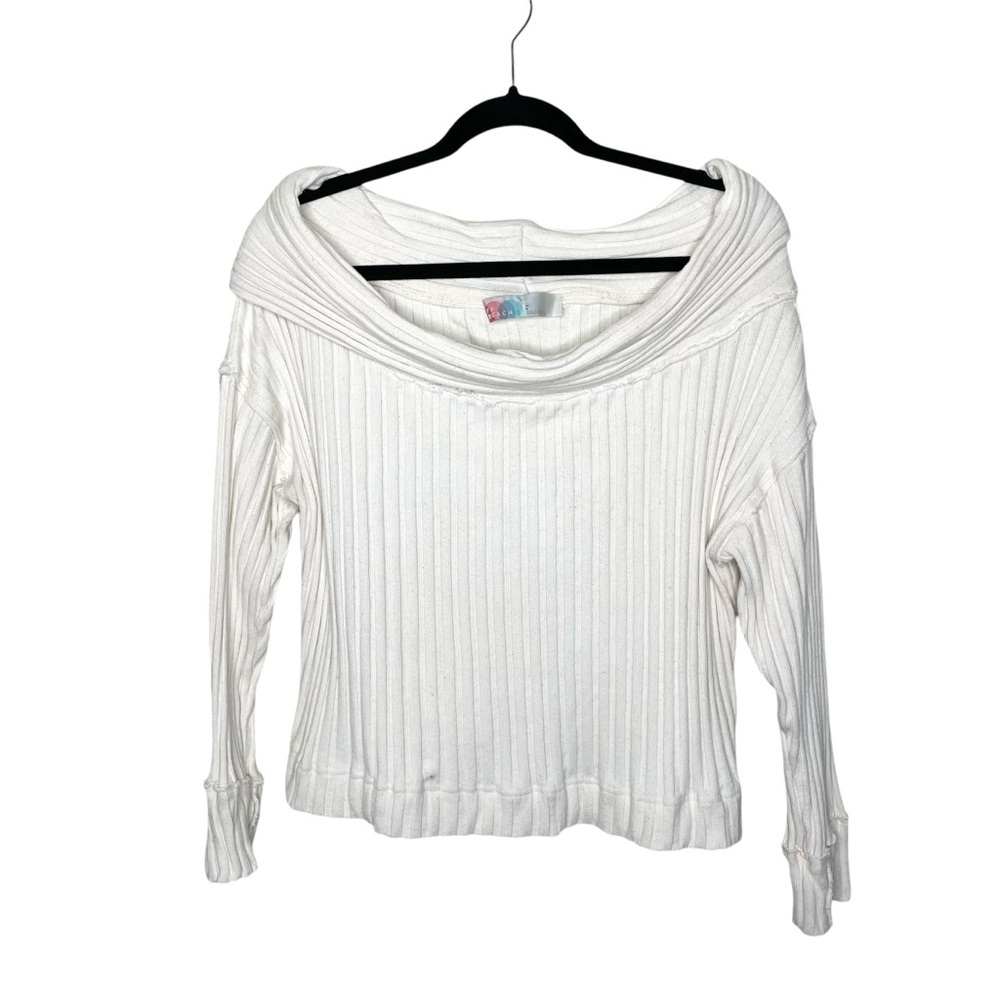 Free People Beach Stevie Pullover Cream Ribbed Off Shoulder Sweater Large